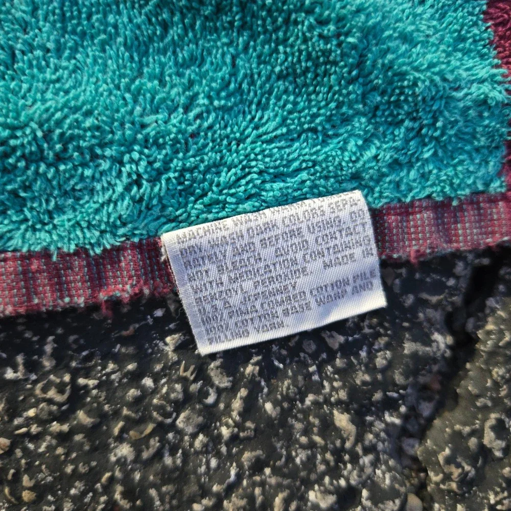 VTG JCPenney Beach Towel Teal Burgundy Striped Pima Cotton Thrashed Distress USA